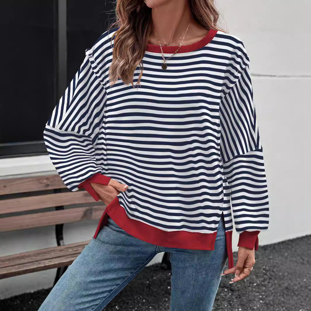 Loose Striped Casual Sweater Split Forked Crew Neck Trendy Design Versatile Top Ladies