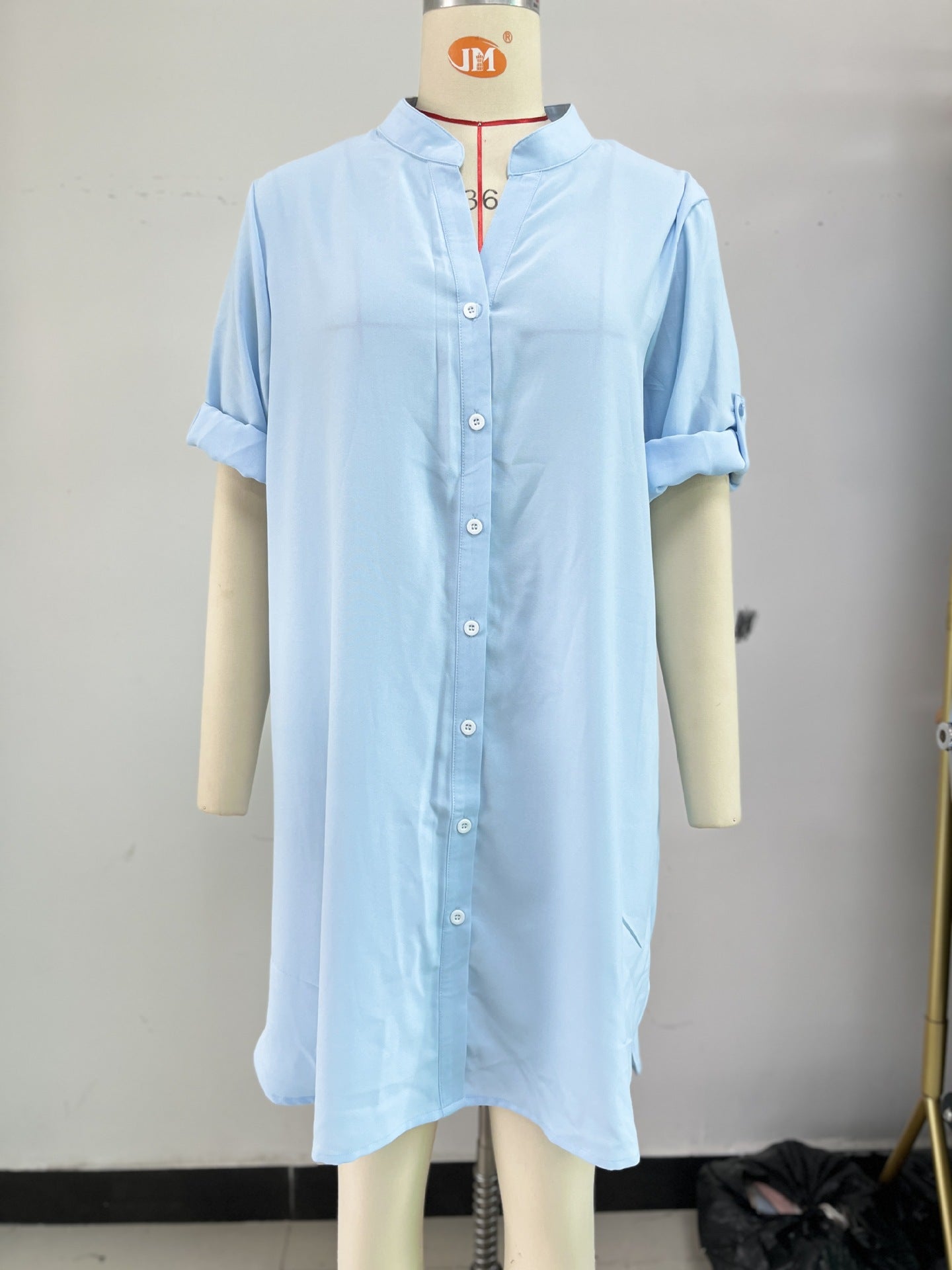 Spring and summer new solid color loose shirt skirt medium sleeve button dress women