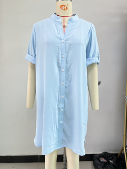 Spring and summer new solid color loose shirt skirt medium sleeve button dress women