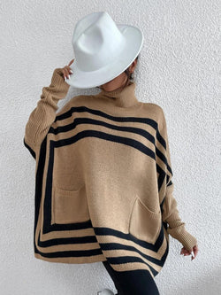 High Neck Striped Bat Sleeve Cape Shawl Sweater Jacket Women