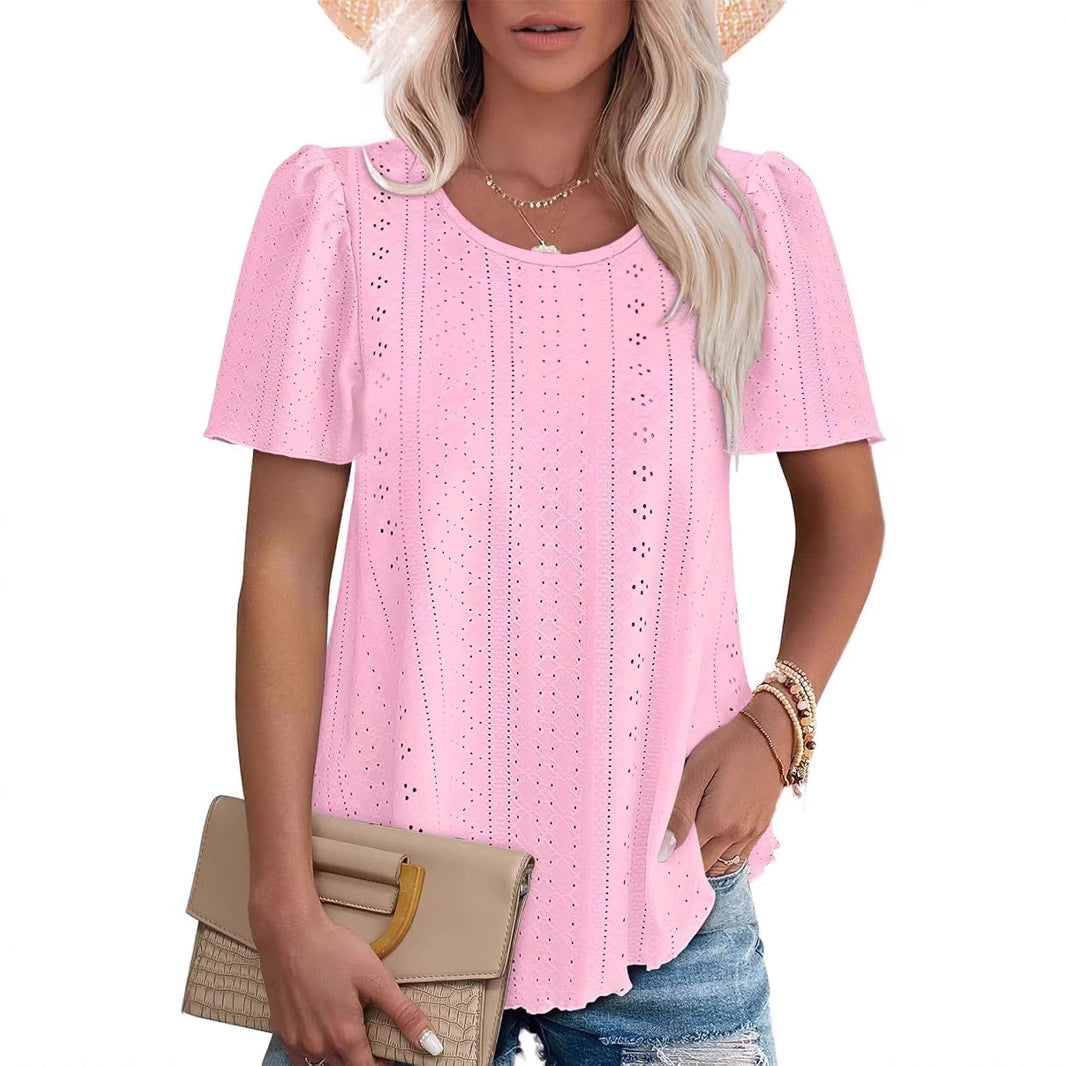 New Women's Crew Neck Bubble Sleeve Hole Hollow Short Sleeve Casual T-Shirt