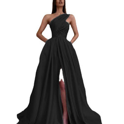 New European and American Amazon sexy split-ended slanted shoulder dress long dress evening dress