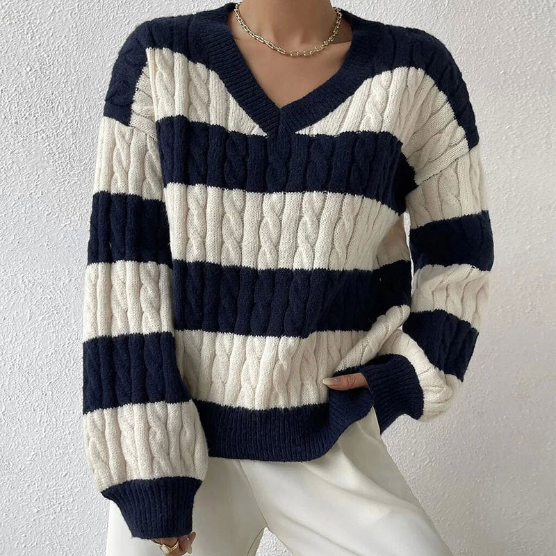 Sweater Women's Versatile Pullover V-Neck Long Sleeve Twist Striped Contrast Color Knitted Sweater