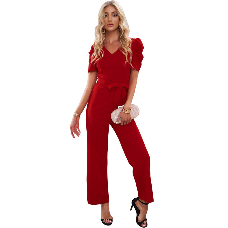 Short-sleeved jumpsuit women's 2022 new solid color casual waist flared pants trousers