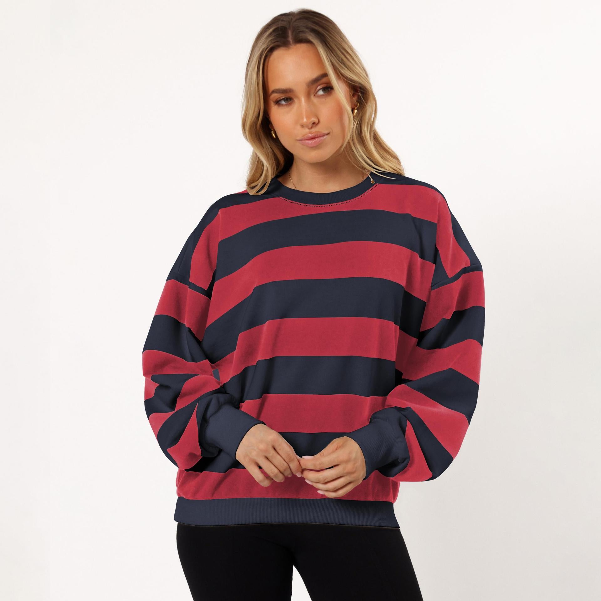 Casual Striped Crew Neck Loose Women's Lantern Sleeve Fashion American Sweater