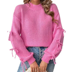 Women's Sweater Solid Color Crew Neck Long Sleeve Bow Pullover