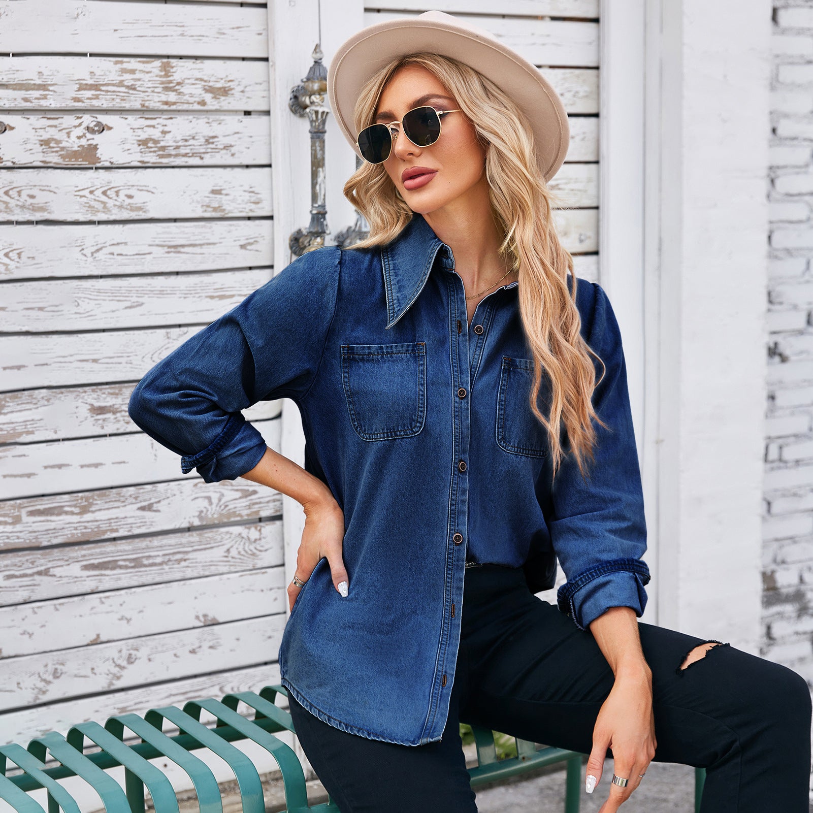 New washed retro pointed neck fashion denim long-sleeved shirt top women