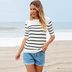 Spring and summer new striped T-shirt women's versatile button-knitted half-sleeved top