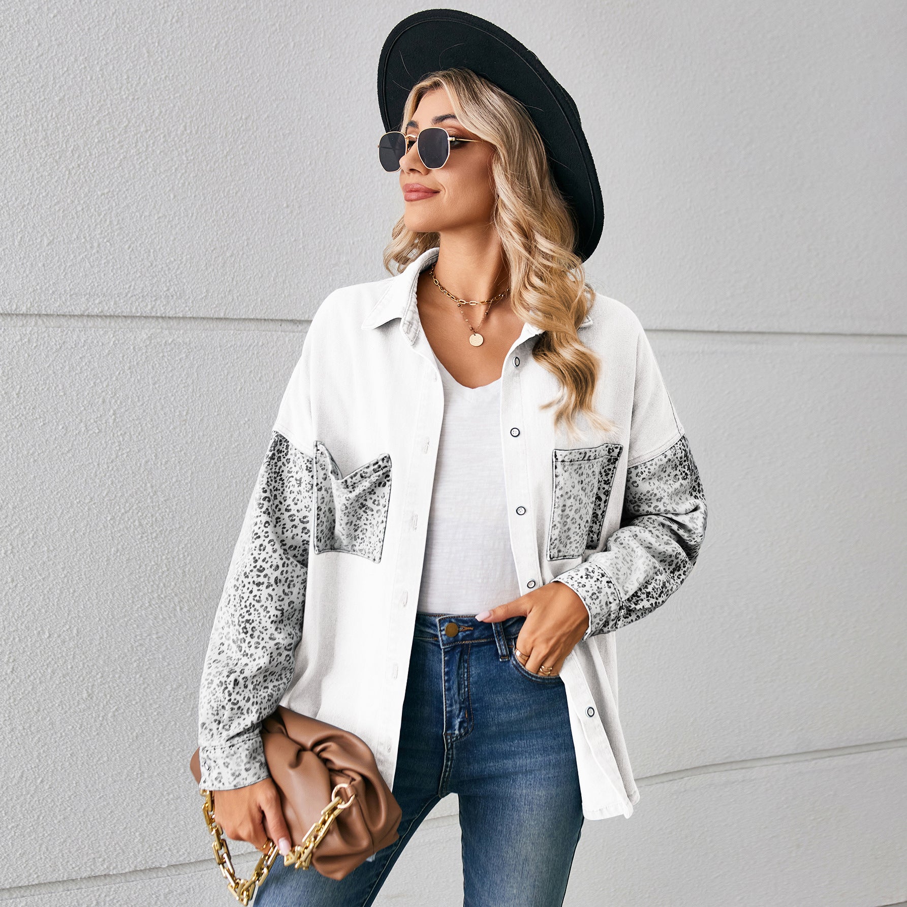 Loose leopard print spliced denim shirt long sleeve top cardigan