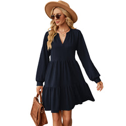 New solid color V-neck loose pleated splicing long-sleeved dress