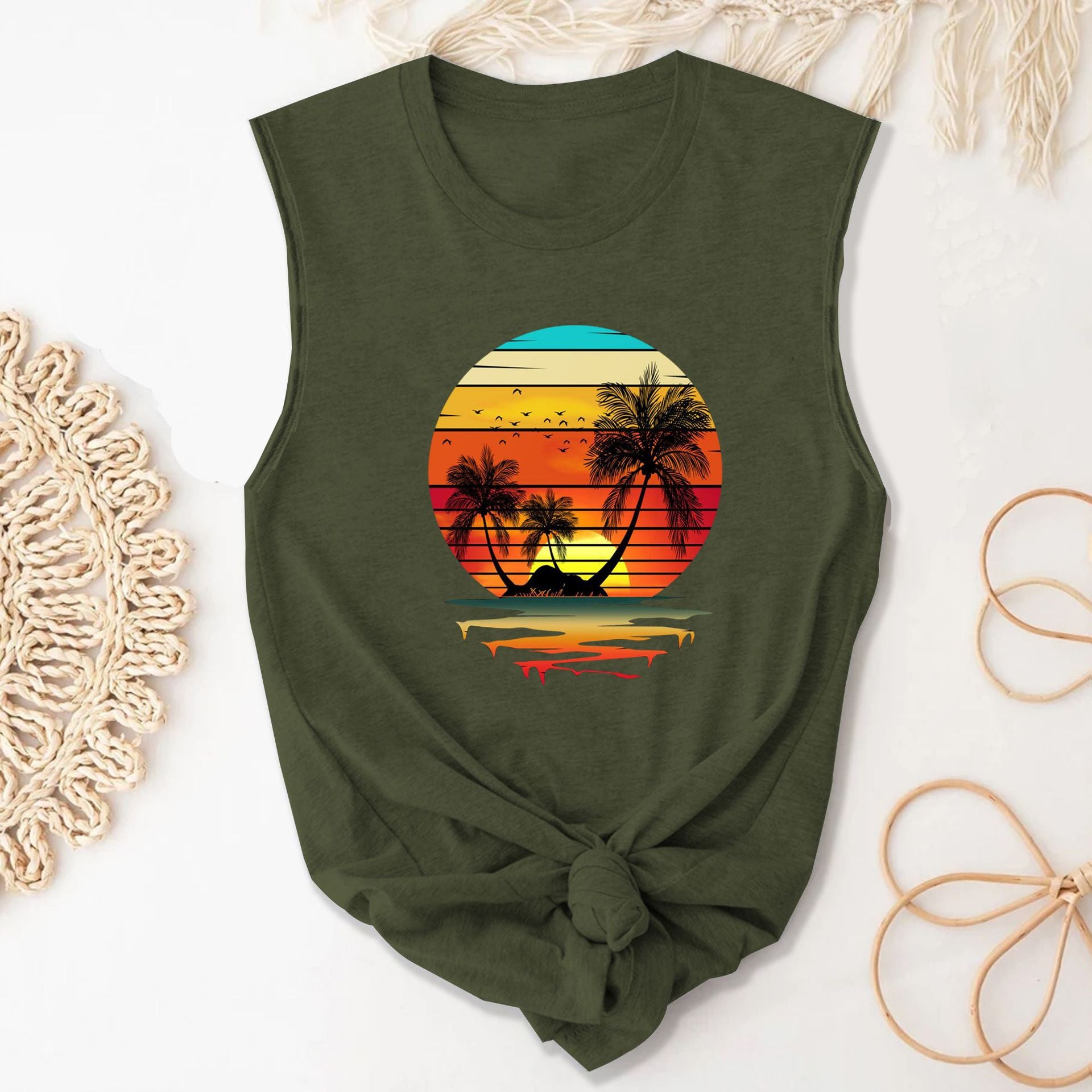 New Summer Beach Sunset Coconut Tree Crew Neck Sleeveless Vest