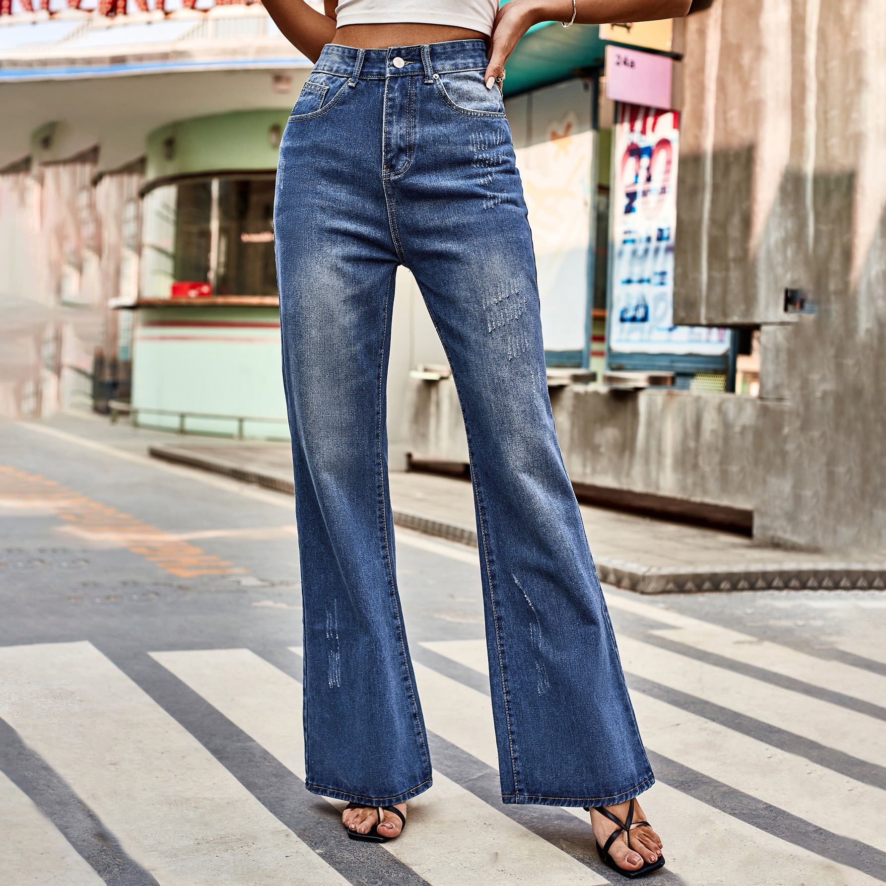 Versatile mid-waist washed denim trousers casual pants women