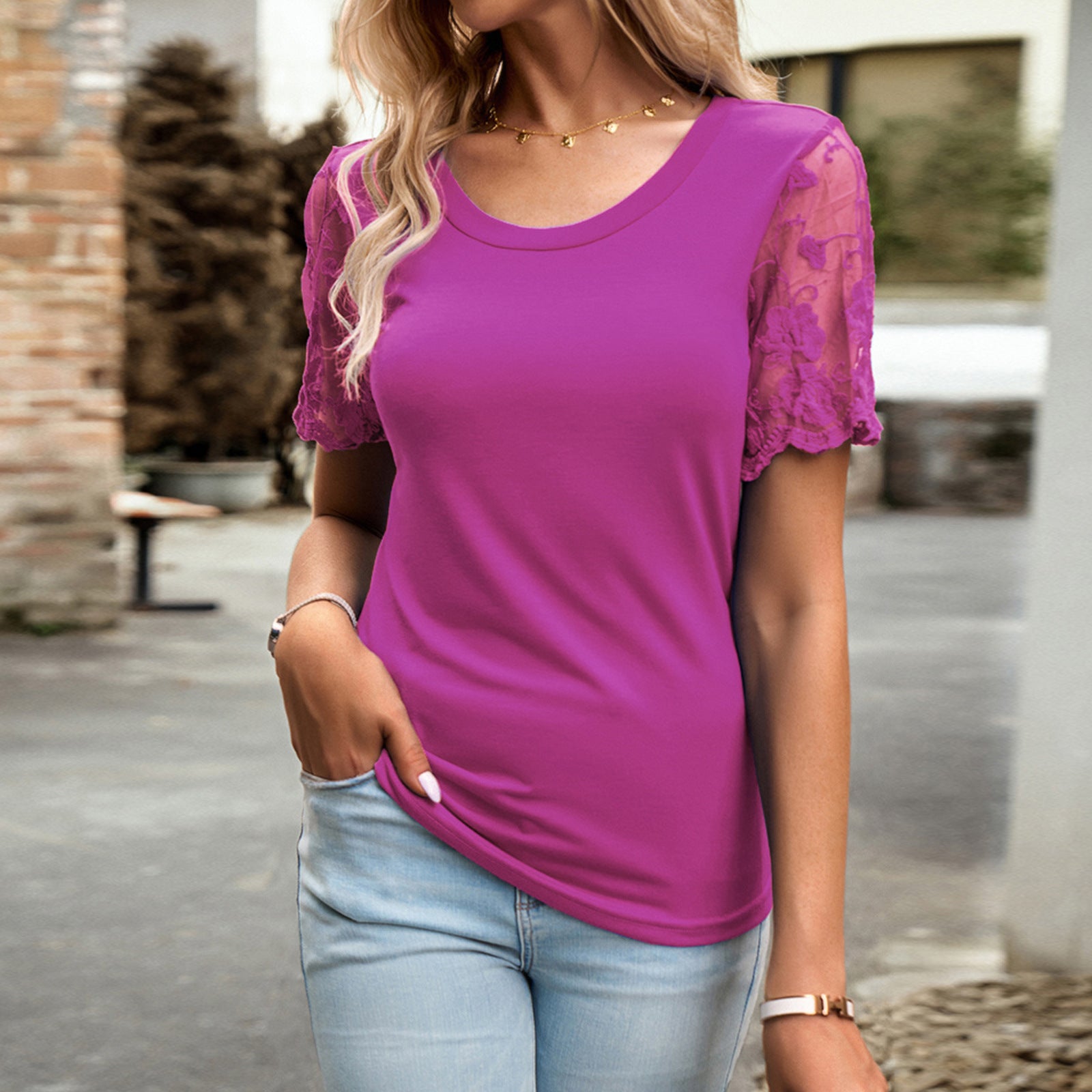 Spring and Summer Casual Temperament Crew Neck Lace Short Sleeve T-Shirt