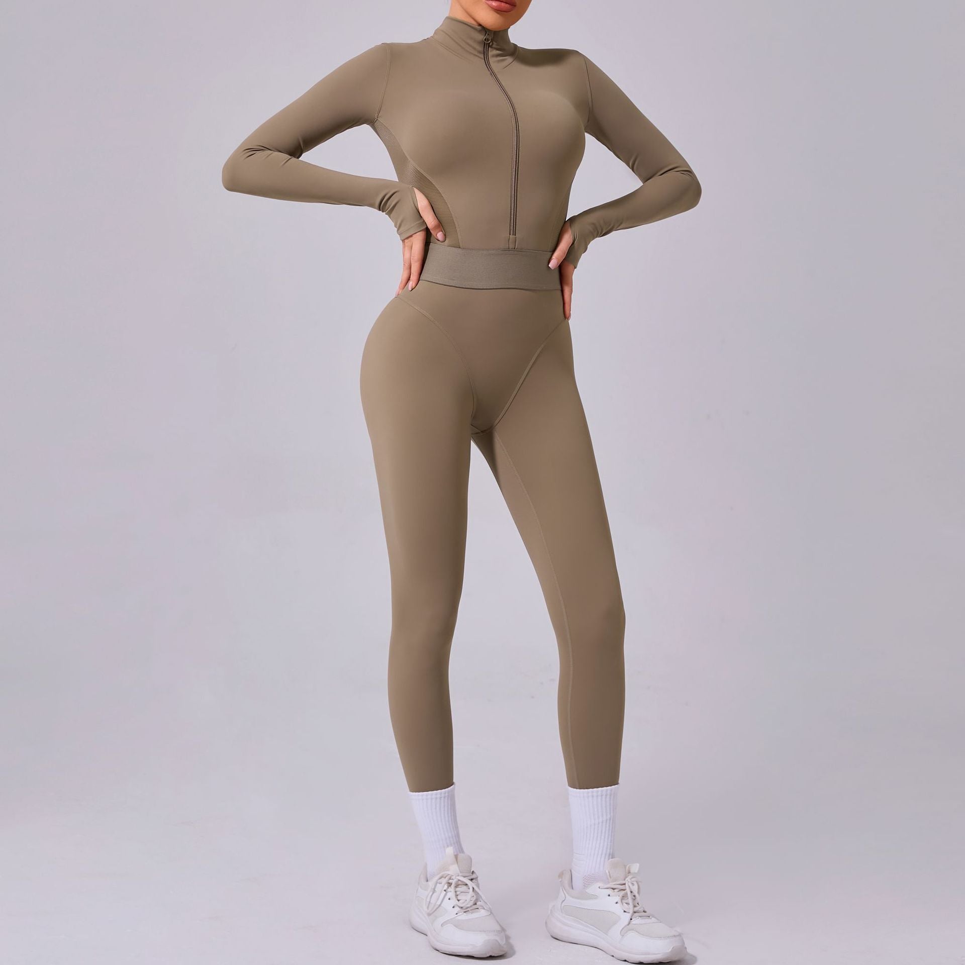 Side net yoga jumpsuit tight rubber band waist finger hole splicing sports fitness jumpsuit