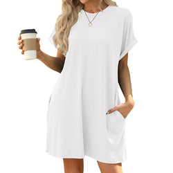 Spring and summer new solid color round neck pocket loose short-sleeved dress