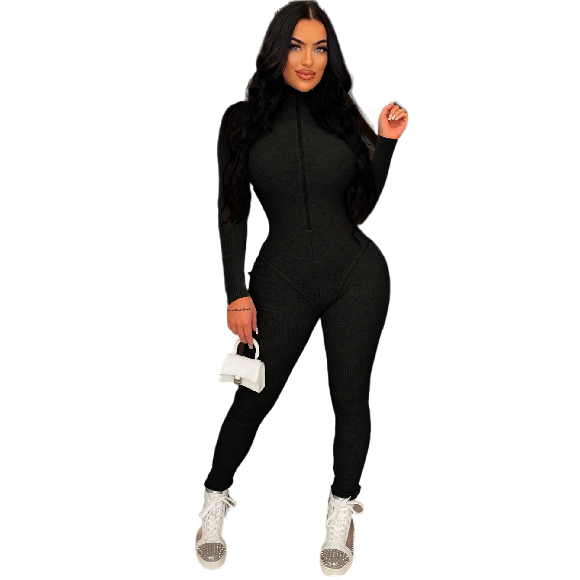 Long Sleeve Bodysuit Turtleneck Ribbed Jumpsuit