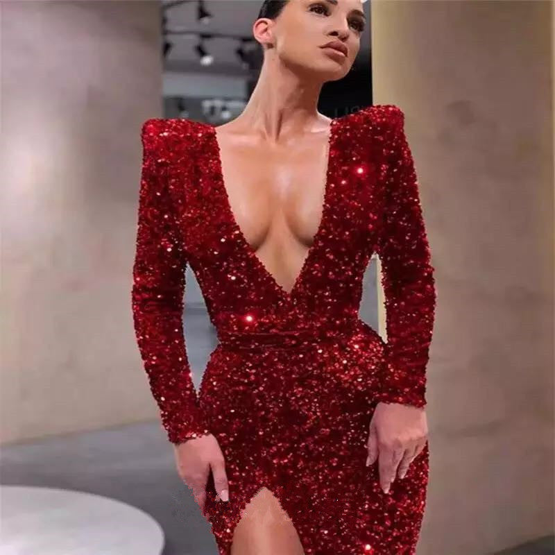 Women's Sexy Shoulder Long Sleeve Sequin Dress Split Dress Evening Dress