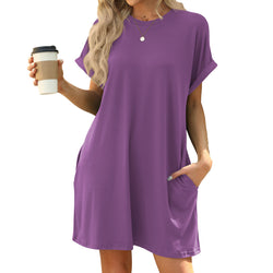 Spring and summer new solid color round neck pocket loose short-sleeved dress