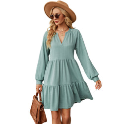 New solid color V-neck loose pleated splicing long-sleeved dress