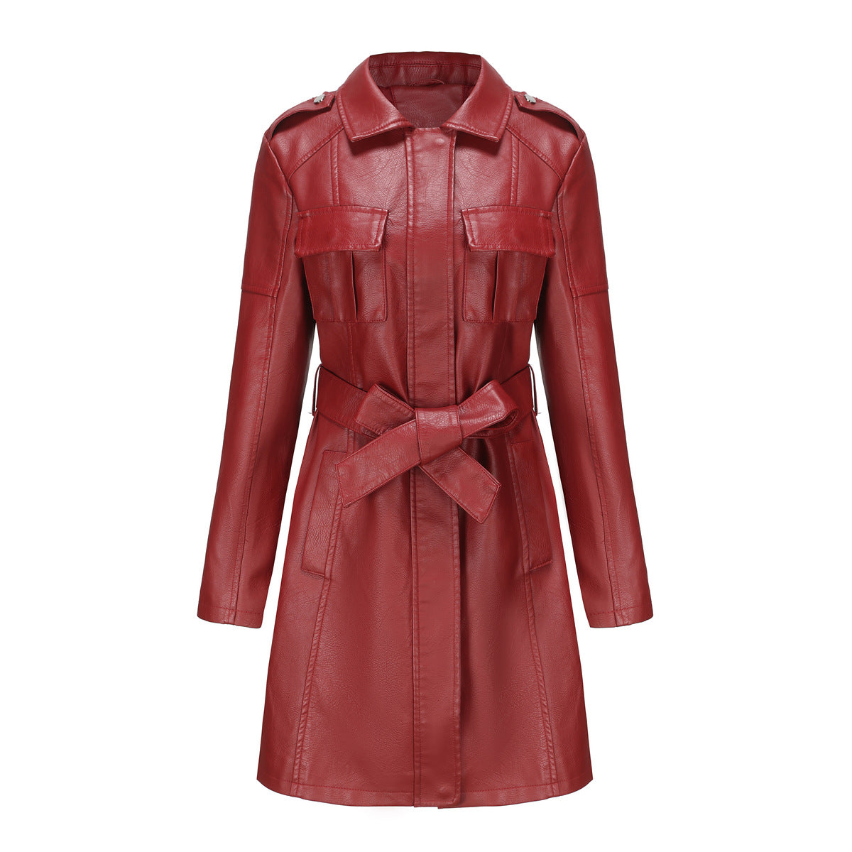 Spring and Autumn Long Sleeve Leather Trench Coat Fashion British Jacket Women