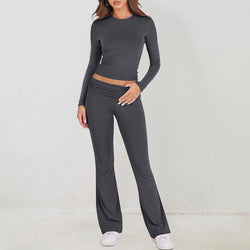 Spring and summer foreign trade casual solid color slim-fitting long-sleeved knitted pants set two-piece set