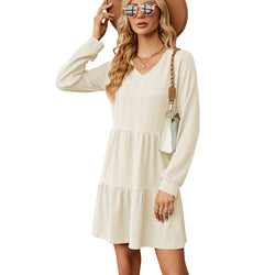 New V-neck solid color splicing long-sleeved loose dress for women