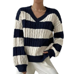 Sweater Women's Versatile Pullover V-Neck Long Sleeve Twist Striped Contrast Color Knitted Sweater