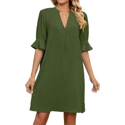 Summer new solid color V-neck loose pleated five-quarter sleeve dress women