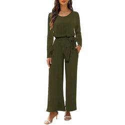 Crew neck long-sleeved waist jumpsuit with pocket and belt