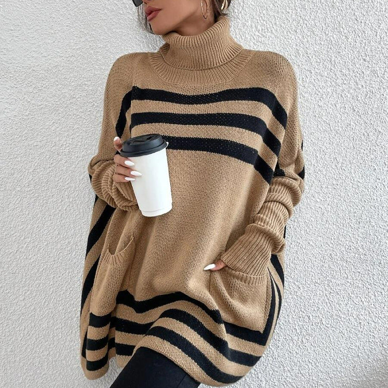 High Neck Striped Bat Sleeve Cape Shawl Sweater Jacket Women