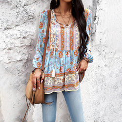 Temperament Casual printed V-neck long-sleeved top