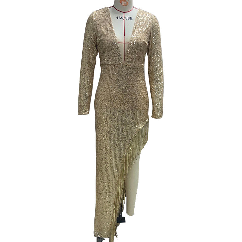 Sequin v-neck long-sleeved long dress sexy asymmetrical dress evening dress