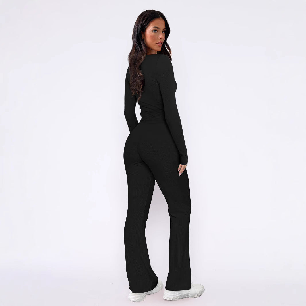 Women's slim-fitting sexy button-up long-sleeved top, lace-up trousers, fashionable two-piece set