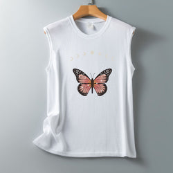 Sun and Moon Butterfly Pattern Loose Casual Crew Neck Sleeveless Vest