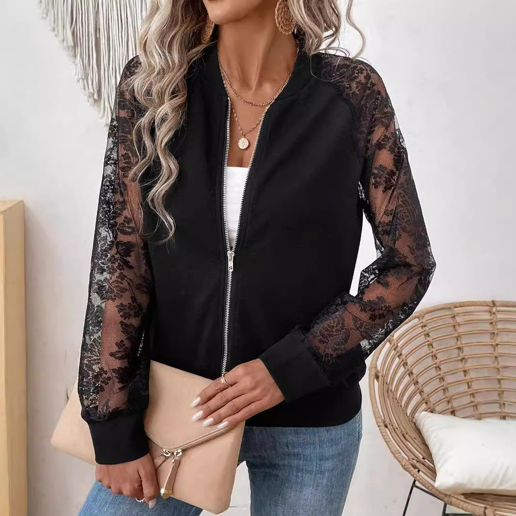 Women's Lace Splicing Long Sleeve Baseball Collar Jacket Top Jacket