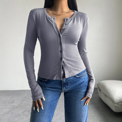 Y2K solid color slim-fit cardigan button-down long-sleeved T-shirt