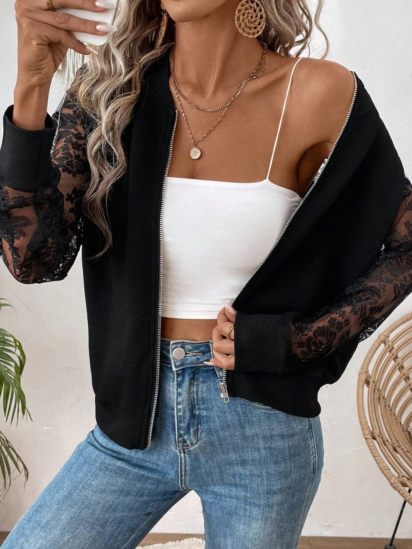 Elegant Women's Lace Splicing Long Sleeve Baseball Collar Jacket Top Jacket