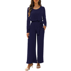 Crew neck long-sleeved waist jumpsuit with pocket and belt