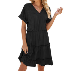 Spring and summer new solid color V-neck loose short-sleeved splicing dress in stock