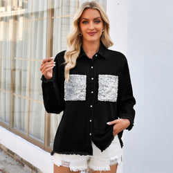 Washed loose rough edge sequined pocket denim shirt top