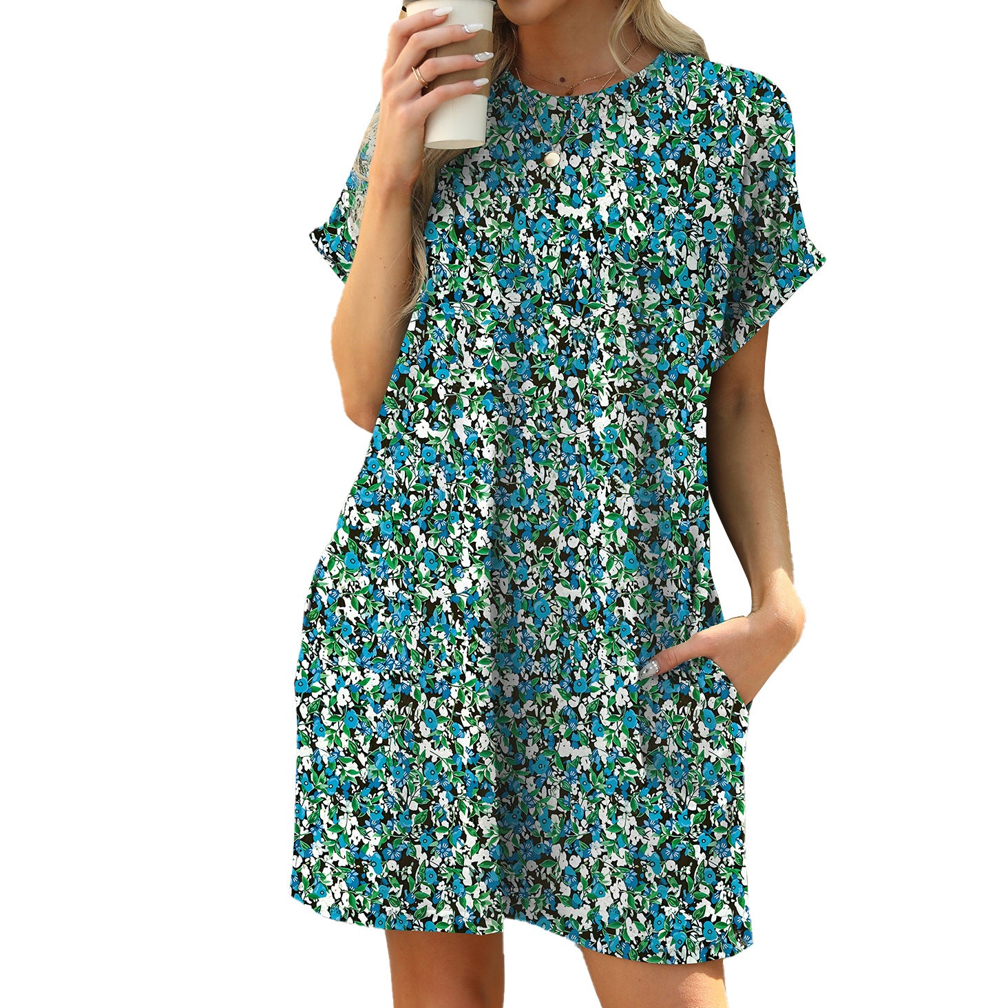 Spring and summer new loose round neck short-sleeved printed pocket dress in stock