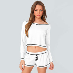 One-word collar exquisite line decorative bow embellished top shorts casual two-piece set women