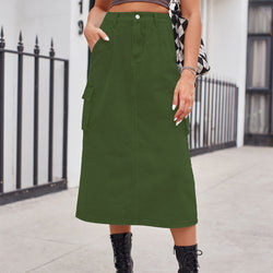 Versatile and thin tooling washed denim skirt medium and long skirt women