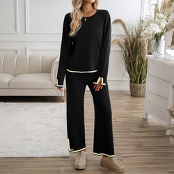 Temperament Casual solid color knitted long-sleeved sweater pants set two-piece set