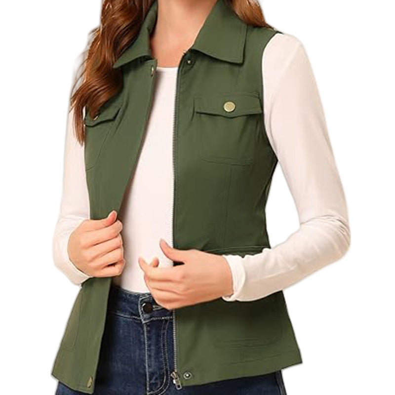 Cardigan Zipper Jacket AliExpress Multi-Pocket Solid Color Sleeveless