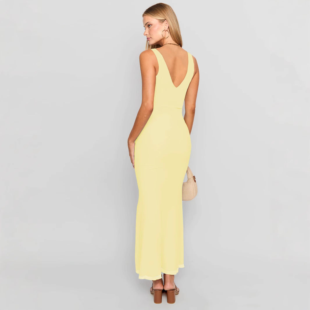 Spring and summer sexy dress slim fit leaking back long women's clothing solid color women