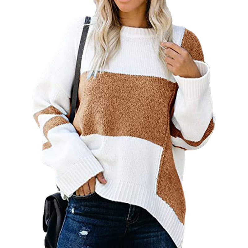 New striped retro street hipster sweater contrasting color splicing crew neck pullover knitted sweater