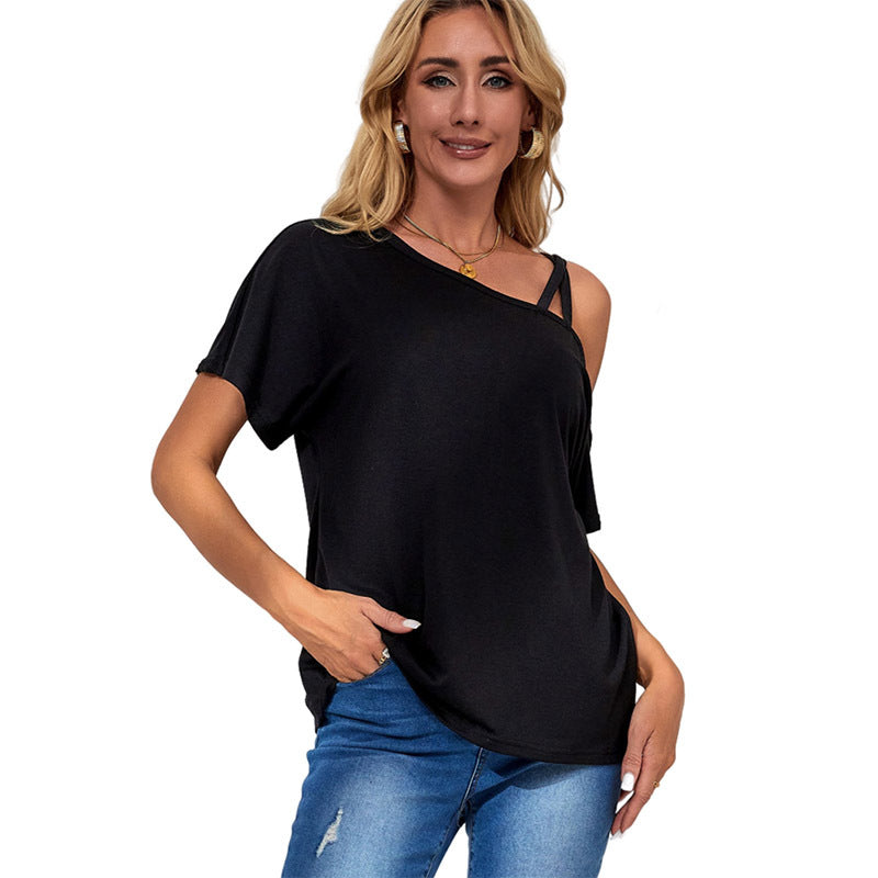 Summer new pullover T-shirt women's European and American personality asymmetrical cross shoulder short sleeve women