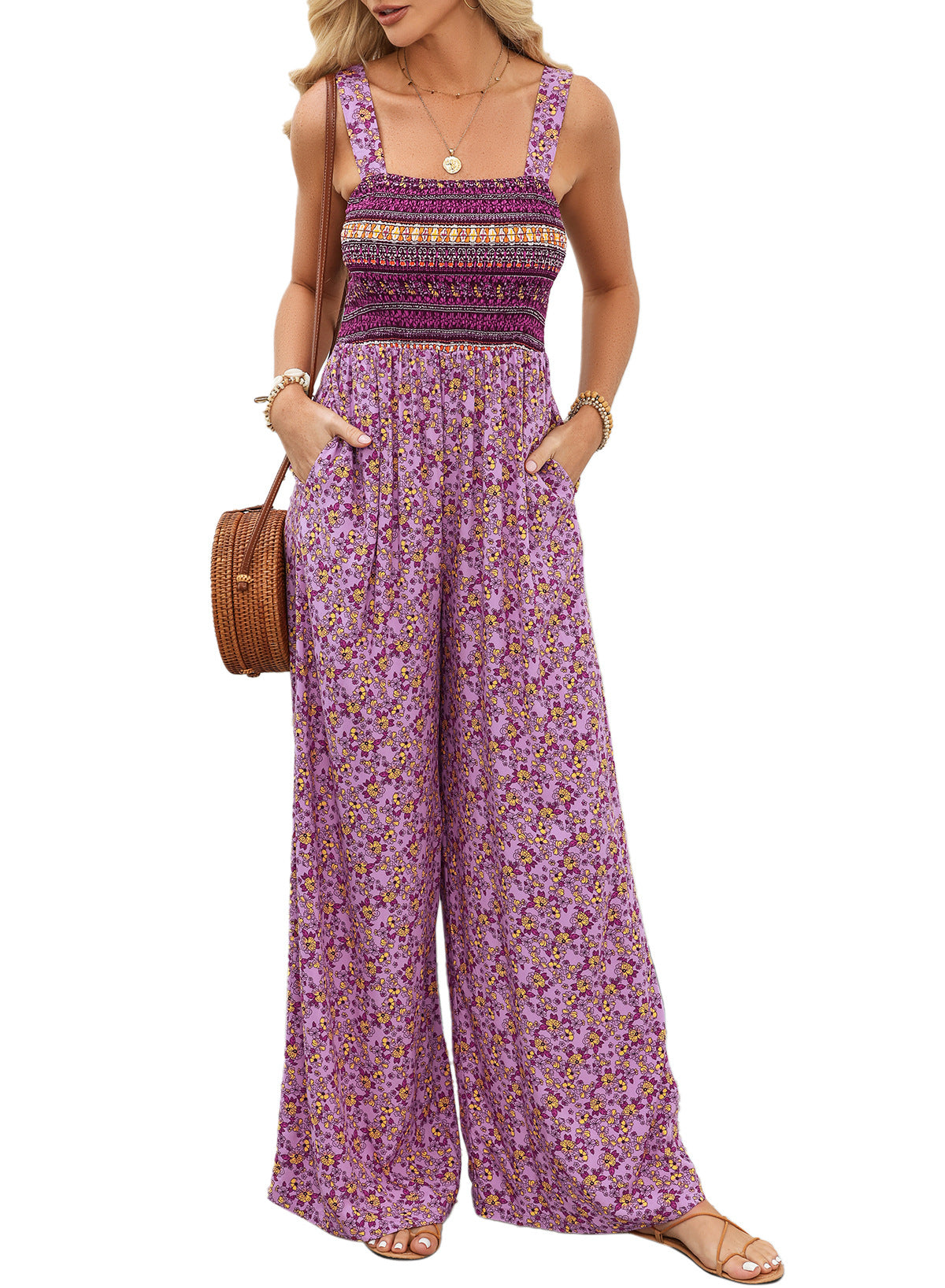 Women's suspender trousers cross-border autumn explosion floral printing sleeveless jumpsuit women