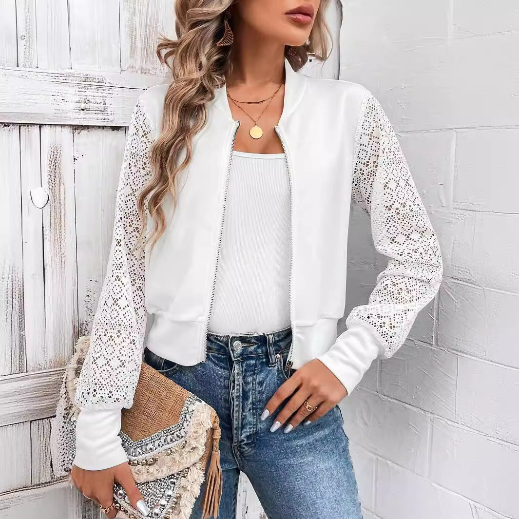 Lace Patchwork Hollow Textured Fabric Casual Baseball Jacket